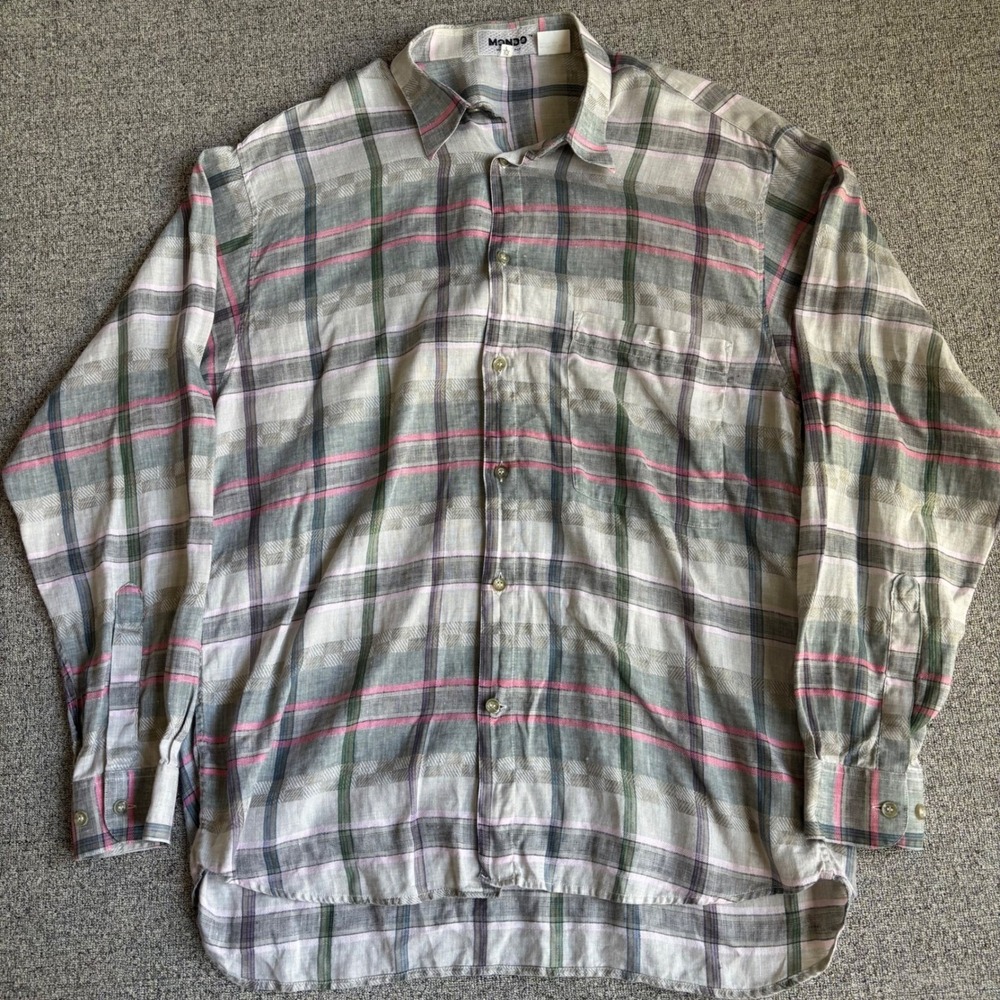 Mondo Made in Italy 100% Linen Plaid Button Down Shirt Mens L Grey Pink Green